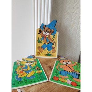 Vintage Set of 3 Warren Built-Rite Puzzles Sta-N-Place Furry Inlaid Tray Puzzles